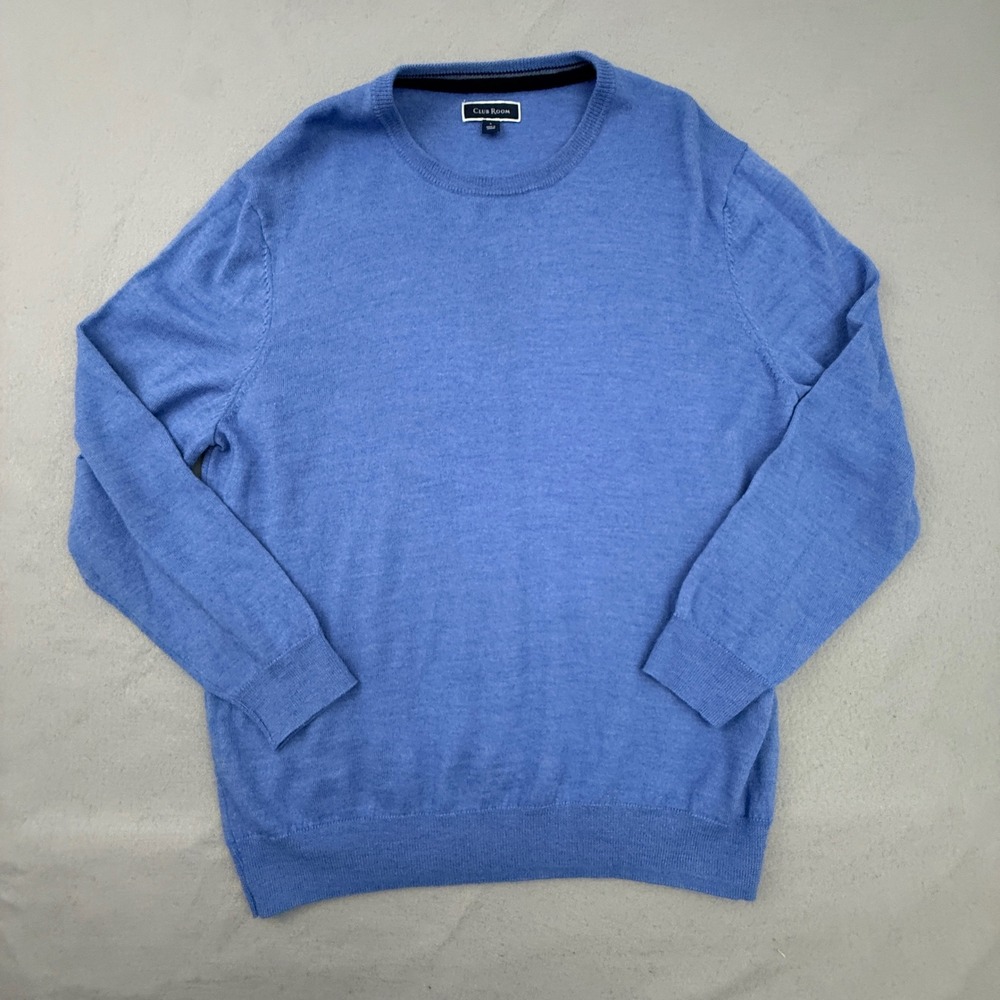 Club Room Sweater Mens Large Blue Merino Wool Blend Crewneck Long Sleeve Knit